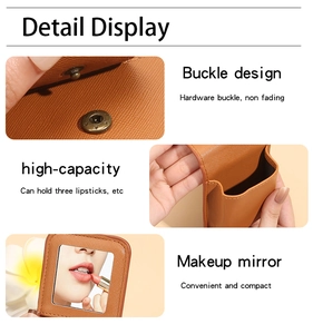 Macro detail of brown leather lipstick case featuring a built-in mirror and metal clasp