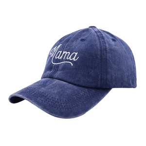 Detailed embroidery of white Mama script on a vintage navy blue washed canvas baseball cap