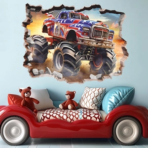 3D monster truck wall decal with American flag design crashing through bedroom wall