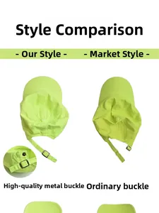 Detail view of fluorescent green baseball cap comparing metal buckle and slide buckle straps