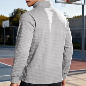 Men's grey waffle knit half-zip sweatshirt with stand collar in casual athletic outdoor style