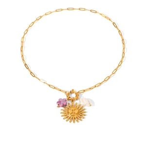 Goldene Büroklammerkette mit Gesichts-Sonne, lila Blüte und Perlenanhängern
