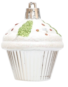 Detail of cupcake-shaped Christmas ornament with white frosting and green glitter accents