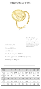 Size chart for S925 silver adjustable medallion ring with detailed ring dimensions