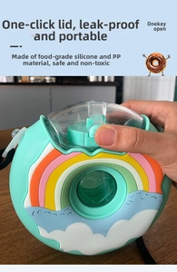 Detail of mint green donut water bottle showing food-grade silicone and rainbow design