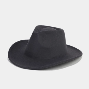Close-up of a classic dark grey wool fedora hat with a sturdy wide brim for fashion