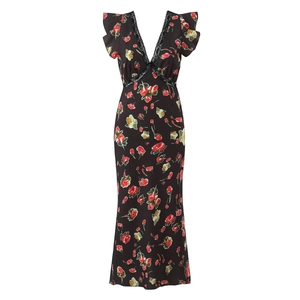 Sexy Damen V-Ausschnitt Blumen Midi-Kleid Vintage Spitzenbesatz Rüschenärmel Polyester Slim Fit Cocktail Party Kleid