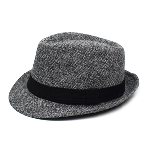Classic dark grey fedora hat with black ribbon band and woven texture on white background