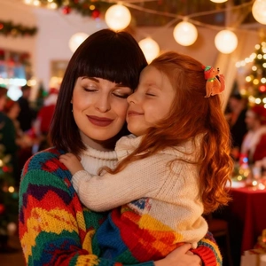 Close-up of a child wearing a cute orange cat-shaped hair claw clip during Christmas