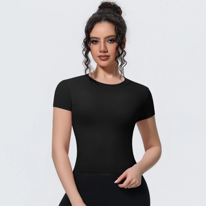 Front view of black slim fit yoga t-shirt with crew neck and breathable athletic fabric