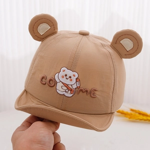 Detailed close-up of cute bear embroidery and 3D ears on a breathable baby sun hat
