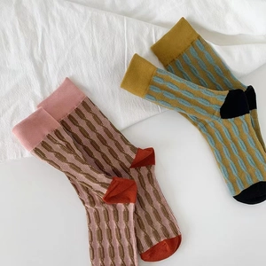 Retro color-block cable knit cotton socks for women in pink-brown and yellow-blue