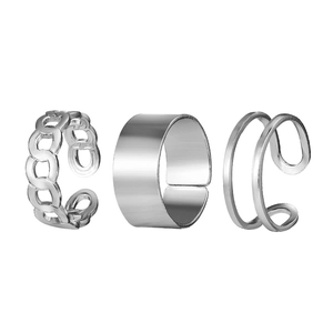 Three-piece silver hip-hop ring set featuring chain link, wide band and double layer styles