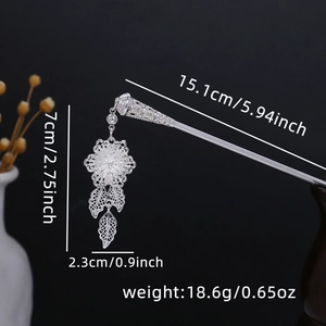 Detailed view of silver hair pin with turquoise hollow flower pendant and size dimensions