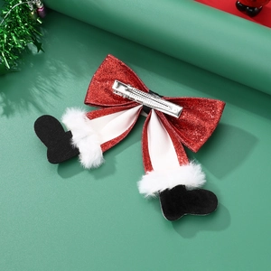 Christmas red sequin bow hair clip with Santa Claus legs and metal duckbill clasp