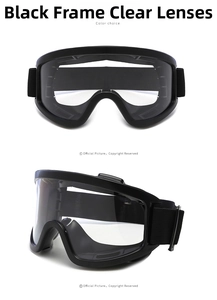 Front and side view of black frame protective goggles with clear lenses and elastic strap