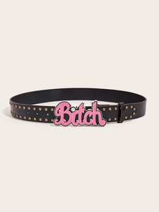 Detail of black leather belt featuring gold studs and pink artistic Bitch buckle