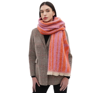 Thick autumn winter scarf with orange and pink stripes and soft beige fringe tassels