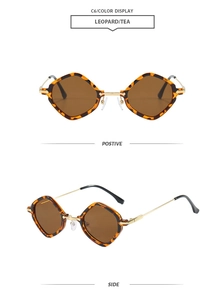 Close-up of leopard print geometric sunglasses with tea lenses and metal bridge