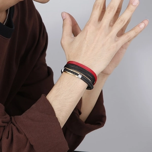 Men's multilayer leather bracelet with stainless steel magnetic clasp in woven style