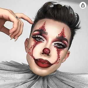 Detail of 3D Halloween face gems and red crystal makeup stickers for festive clown look