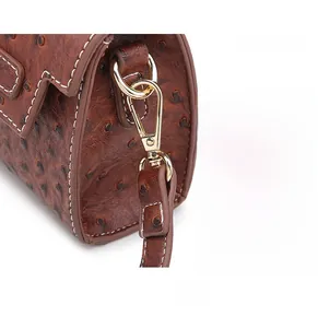Macro shot of premium gold-toned metal hook clasp on brown ostrich pattern leather handbag