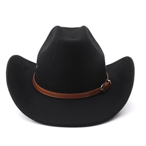 Detail of black wool felt cowboy hat featuring a brown leather strap and metal buckle