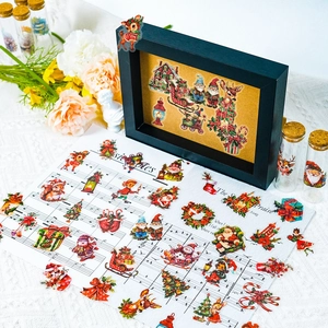 50pcs Vintage Christmas PET stickers with Santa and reindeer on white lace cloth