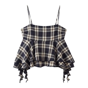 Plaid Cami Top Polyester Spaghetti Strap Ruffle Peplum Layered Design Square Neck Sweet Retro Vest For Women