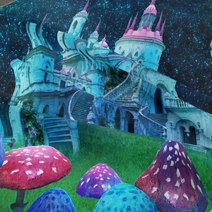 Macro detail of digital mushroom castle print on woven fabric texture tapestry