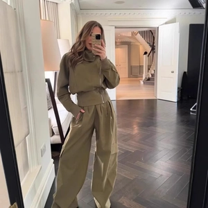 Women Olive Green Zipper Jacket And Wide Leg Cargo Pants Streetwear Casual Polyester Blend
