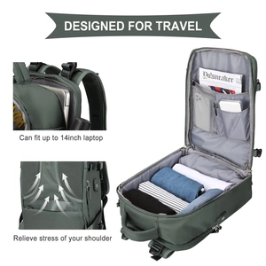Detail of green travel backpack featuring 14-inch laptop compartment and breathable padding