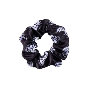 Detail showing smooth black satin hair scrunchie with volleyball spike and bumpset patterns