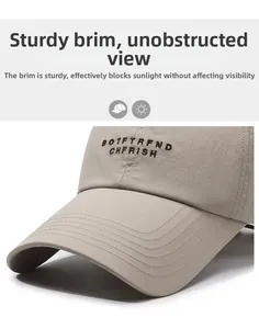 Detail of khaki quick-dry baseball cap featuring reinforced stitching and letter embroidery