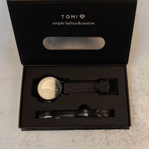 TOMI black quartz watch and leather bracelet set in a minimalist premium gift box