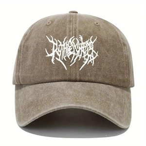Vintage washed cotton baseball cap in khaki with gothic white logo design for outdoor use