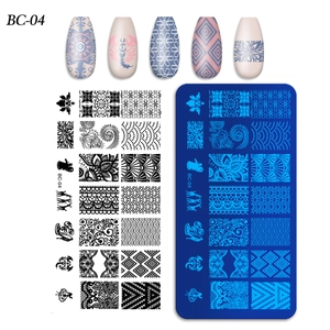 Macro detail of BC-04 nail stamping plate with geometric mandala and scorpion patterns