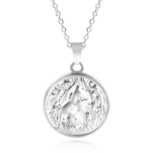 Close-up of a silver round pendant featuring a 3D embossed lion head on a white background