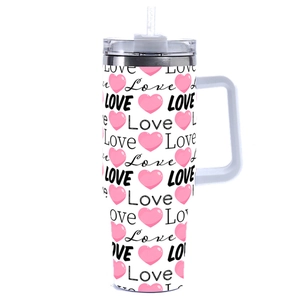 40oz insulated tumbler with handle and straw featuring love heart patterns on white base