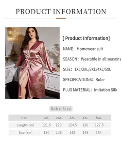 Size guide for floral pink plus size satin robe with detailed measurements for 1XL to 5XL