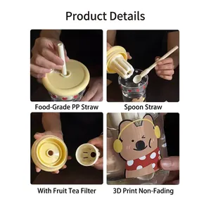 Heat-resistant glass tea separator cup with cartoon bear 3D print and straw spoon