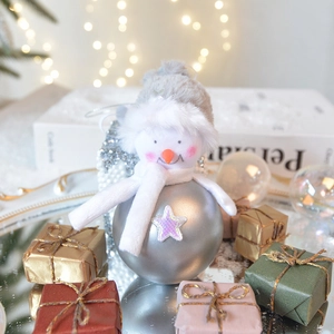 Silver Christmas snowman ball ornament with purple star accents and mini gift boxes
