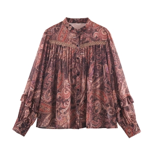 Women Bohemian Paisley Print Chiffon Blouse Long Sleeve Stand Collar Lace Patchwork Loose Vintage Top Ruffle Cuffs