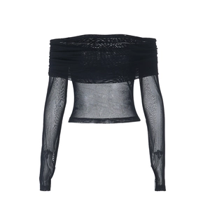 Detail of off-shoulder mesh top showing pleated chest texture and long sleeves