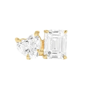 Golden cartilage stud earring with heart and emerald-cut zircon stones on white background