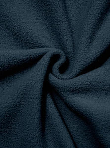 Macro shot of dark navy polar fleece fabric texture showing soft thick material quality