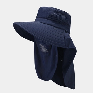 Outdoor sun protection hat in navy blue with breathable mesh and detachable face mask