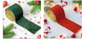 Close-up of red and green velvet ribbons with gold edges for Christmas tree decoration