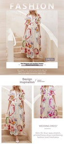 Detail of puff sleeves and deep V-neckline on this slim fit floral beach maxi dress