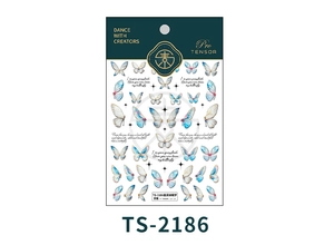 Detail of TS-2186 embossed butterfly nail decals with delicate blue and white wing patterns